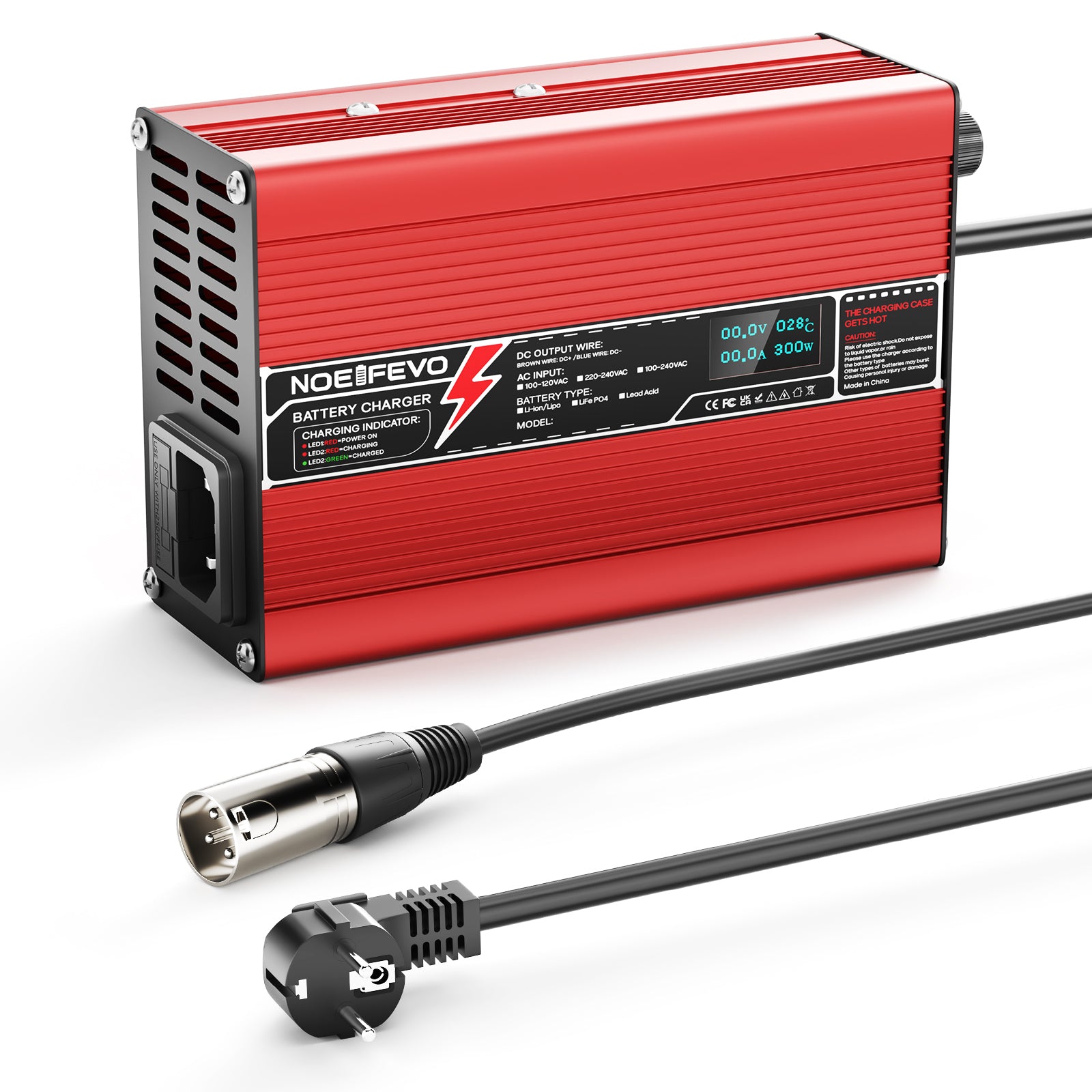 Carregador de Lítio NOEIFEVO 25,2V 5A para Baterias Li-Ion Lipo 6S 22,2V, Ventilador de Resfriamento, Desligamento Automático (VERMELHO)