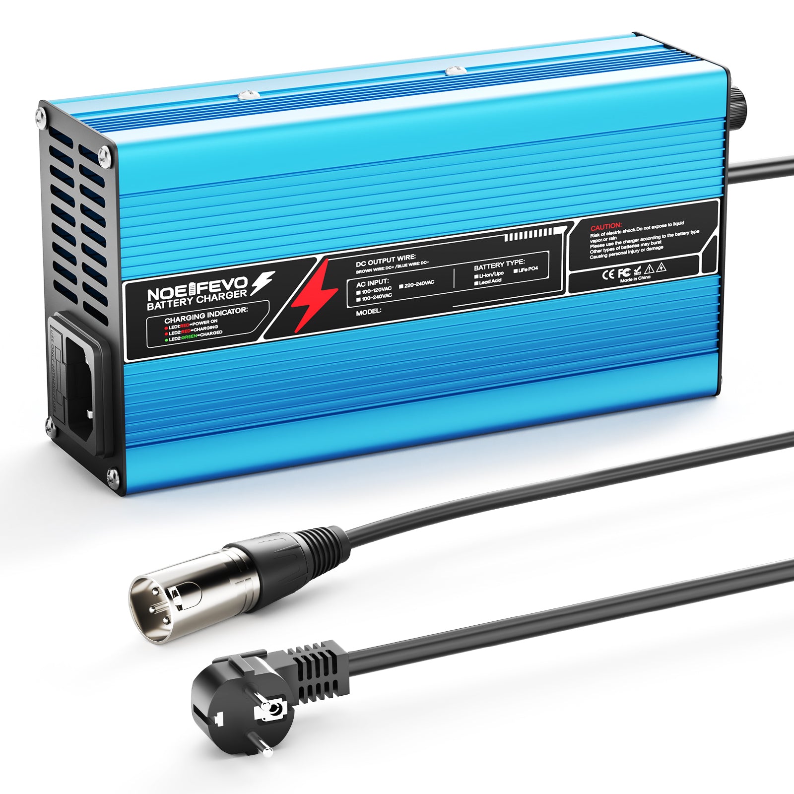 NOEIFEVO 42V 10A 10S Lithium-Batterieladegerät, für 10S 37V Li-Ion Batterie, automatische Abschaltung, Aluminiumgehäuse, mit Lüfter(blau)