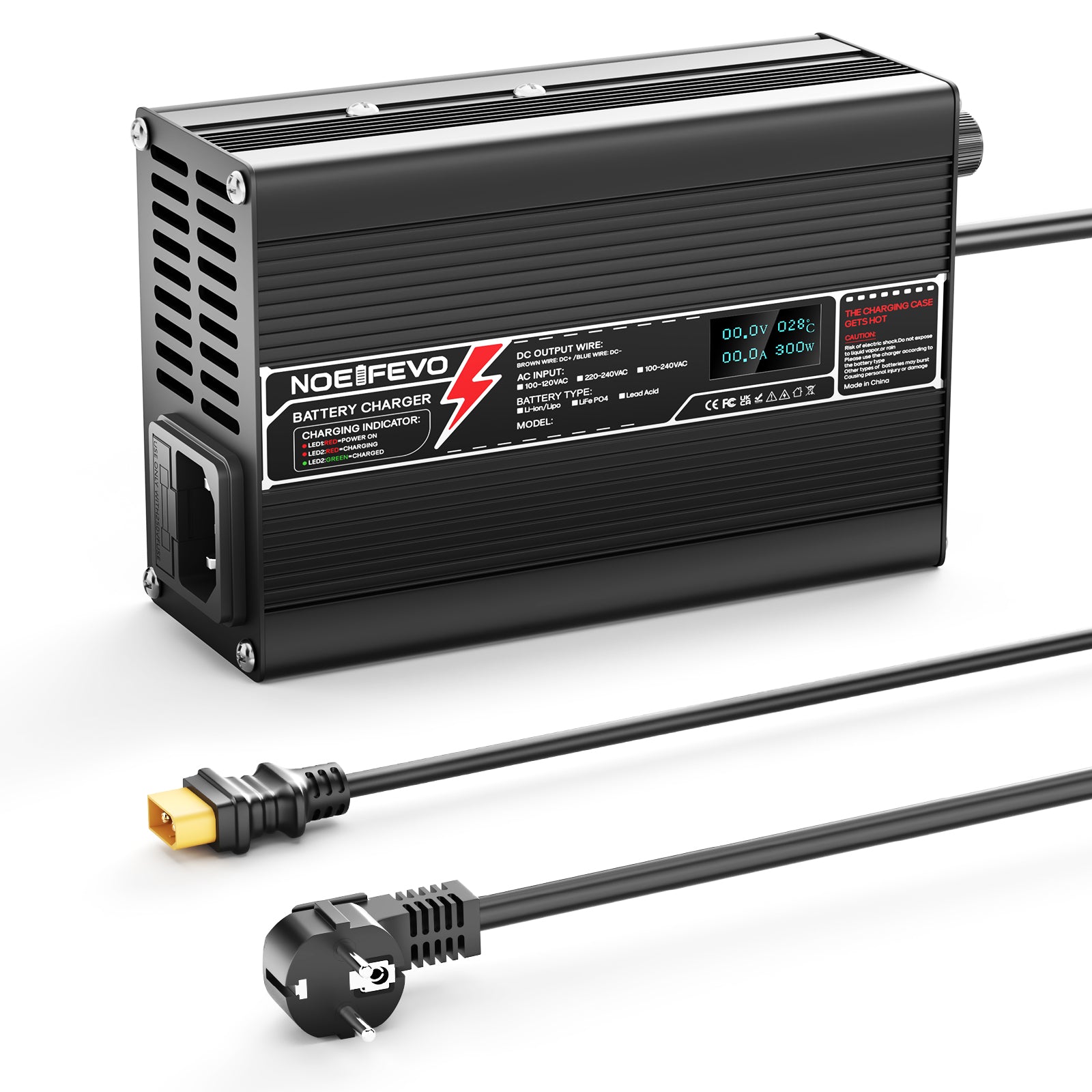 NOEIFEVO מטען ליתיום 29.2V 10A עבור סוללת Li-Ionen Lipo 7S 25.9V, מטען לאופניים חשמליים, תצוגת LED, גוף אלומיניום, מאוורר