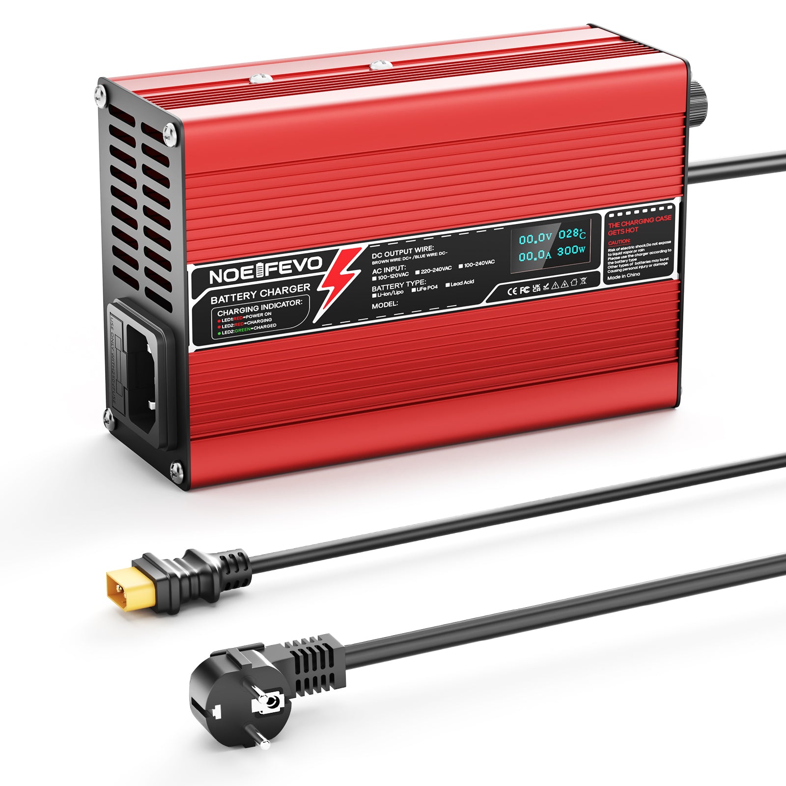 NOEIFEVO 58.8V 3A Lithium-Ladegerät für 14S 51.8V Li-Ion Lipo-Batterien, Kühlventilator, automatischer Abschaltung(RED)