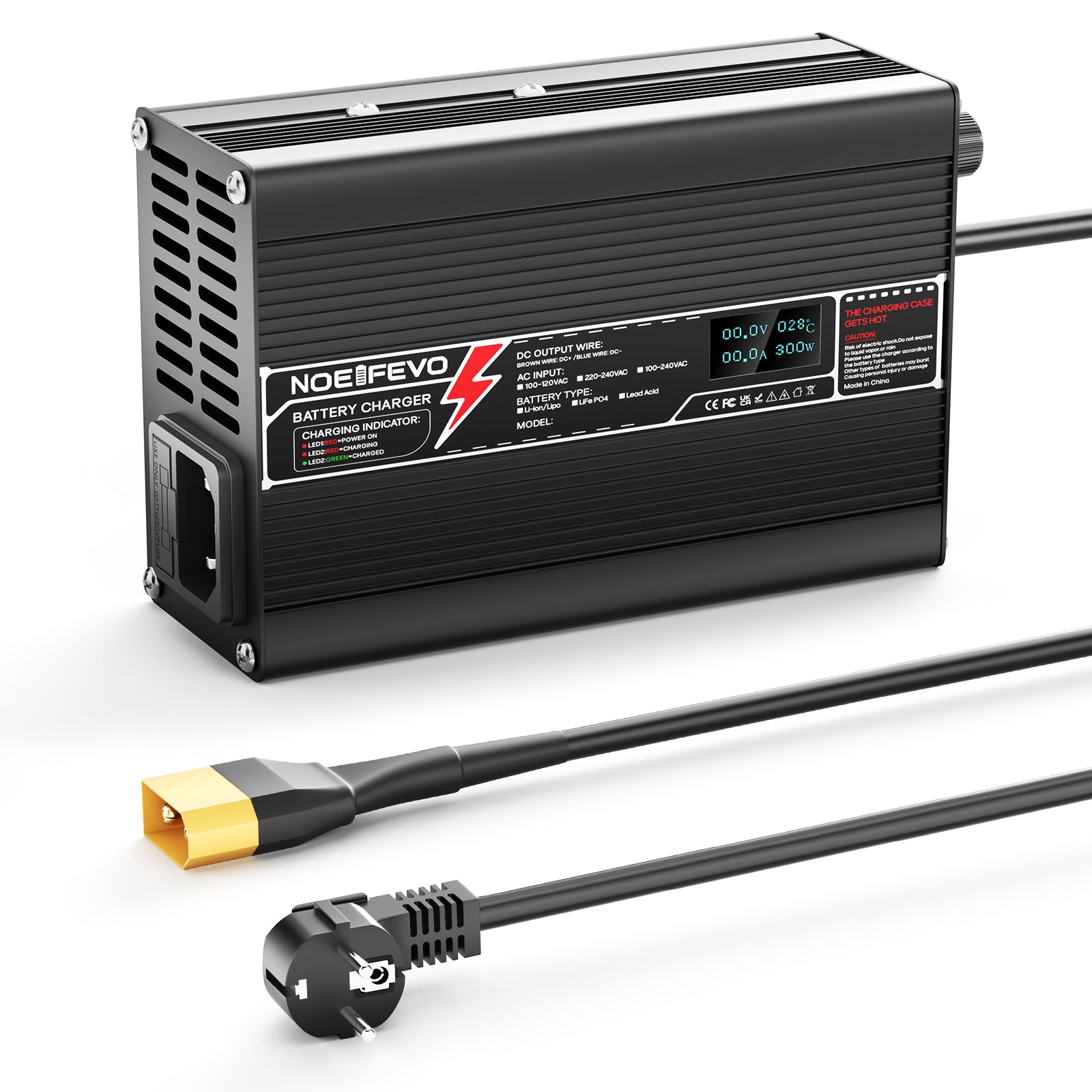 NOEIFEVO 14.6V 15A Lithium LiFePO4 Batterieladegerät, für 4S 12.8V LiFePO4-Batterie, mit Lüfter, Aluminium-Gehäuse,LCD Bildschirm