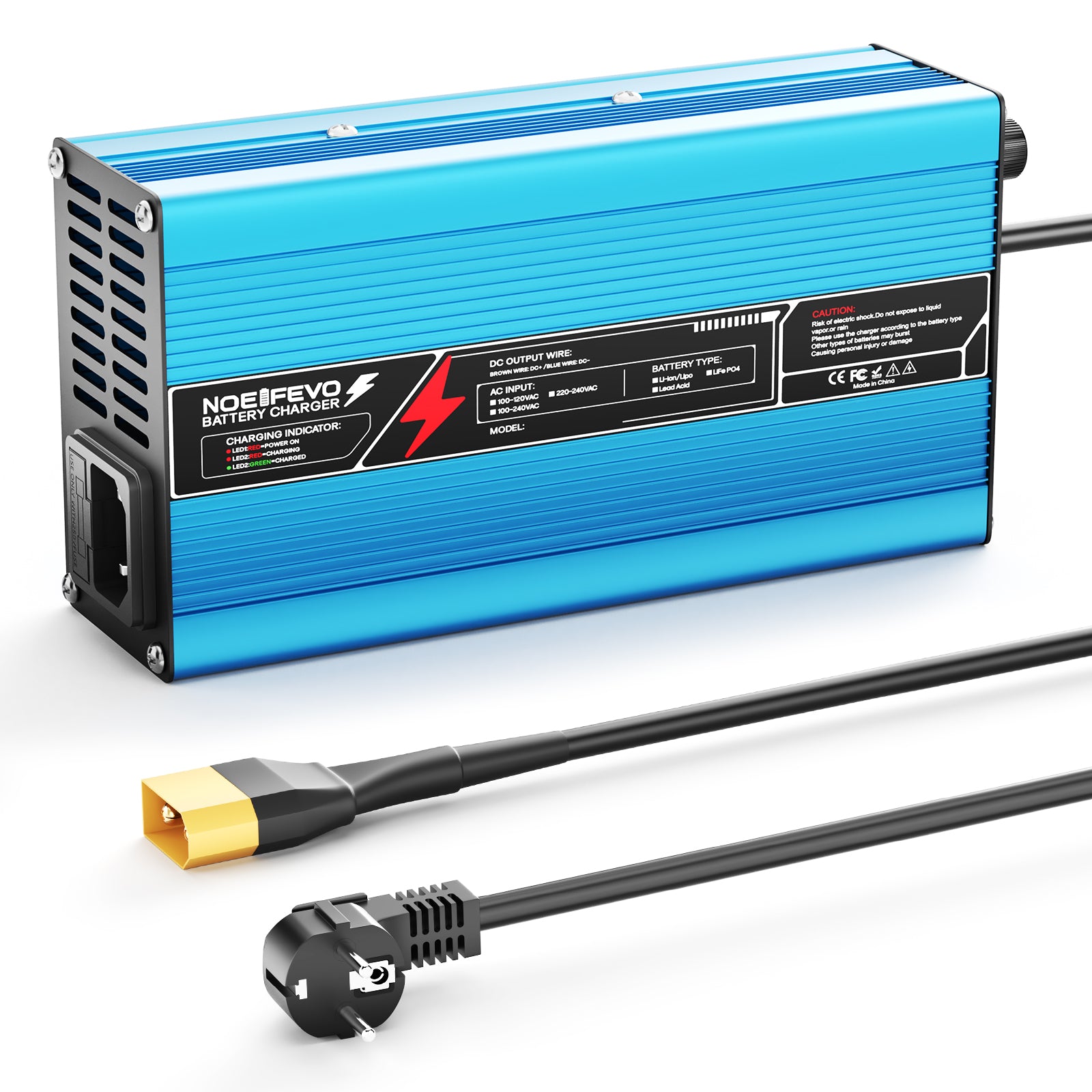 NOEIFEVO 42V 10A 10S Lithium-batterijlader, voor 10S 37V Li-Ion batterij, automatische uitschakeling, aluminium behuizing, met ventilator (blauw)