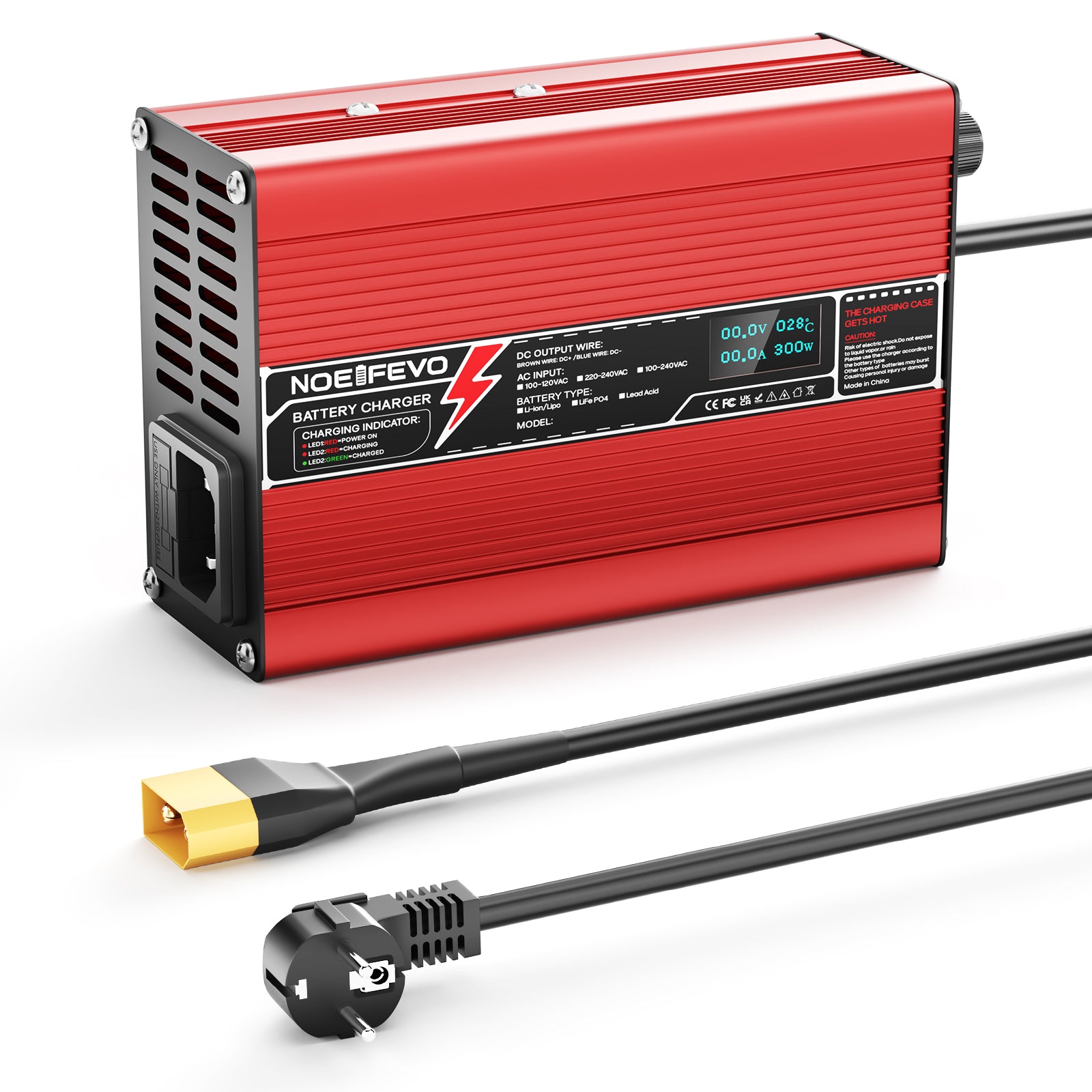 NOEIFEVO 12,6V 10A Lithium-lader til 3S 11,1V Li-Ion Lipo-batterier, med køleventilator, automatisk slukning (RØD)