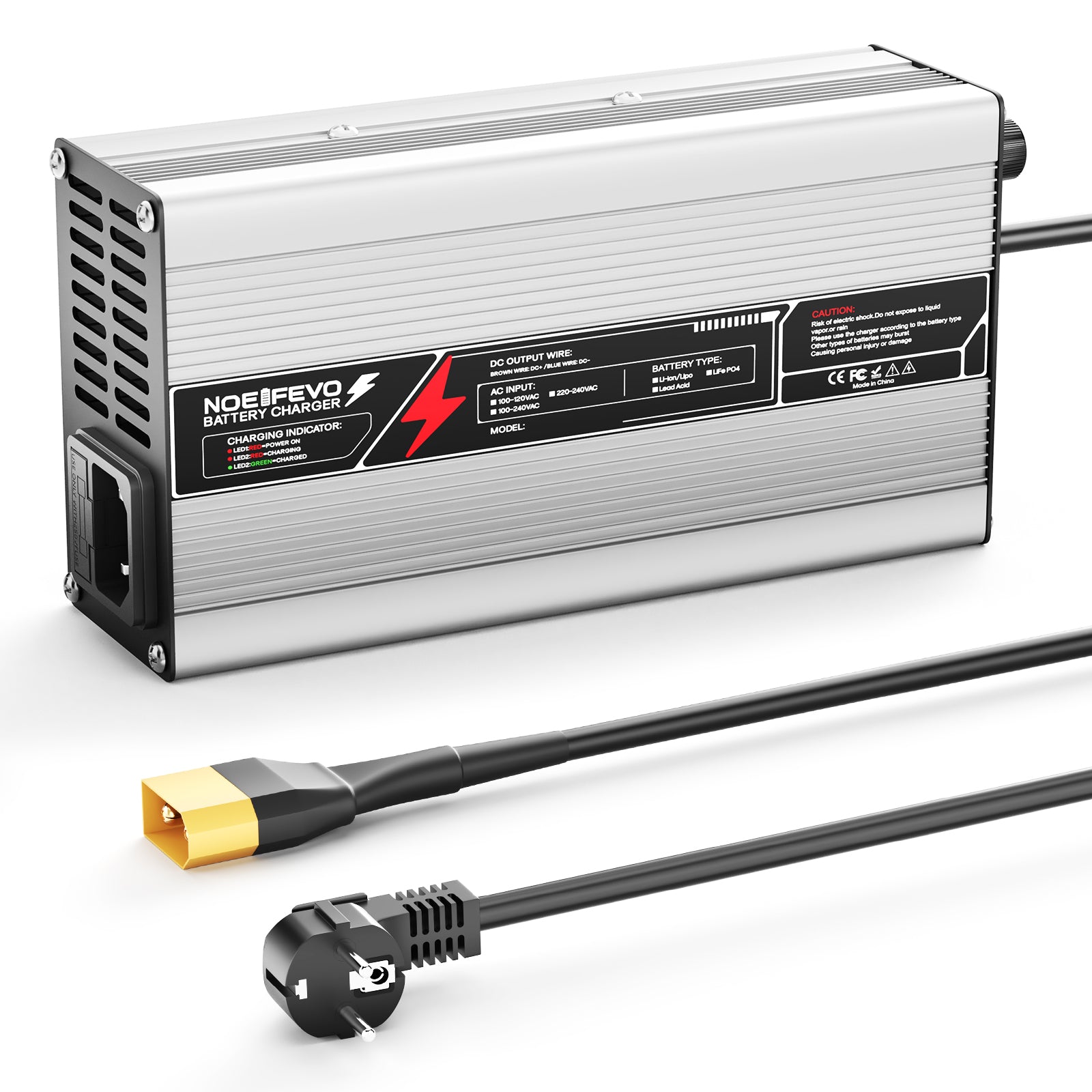 NOEIFEVO 63V 6A Lithium-Batterieladegerät für 55,5V 15S Batterie, automatische Abschaltung, Aluminiumgehäuse, mit Lüfter (Silber)