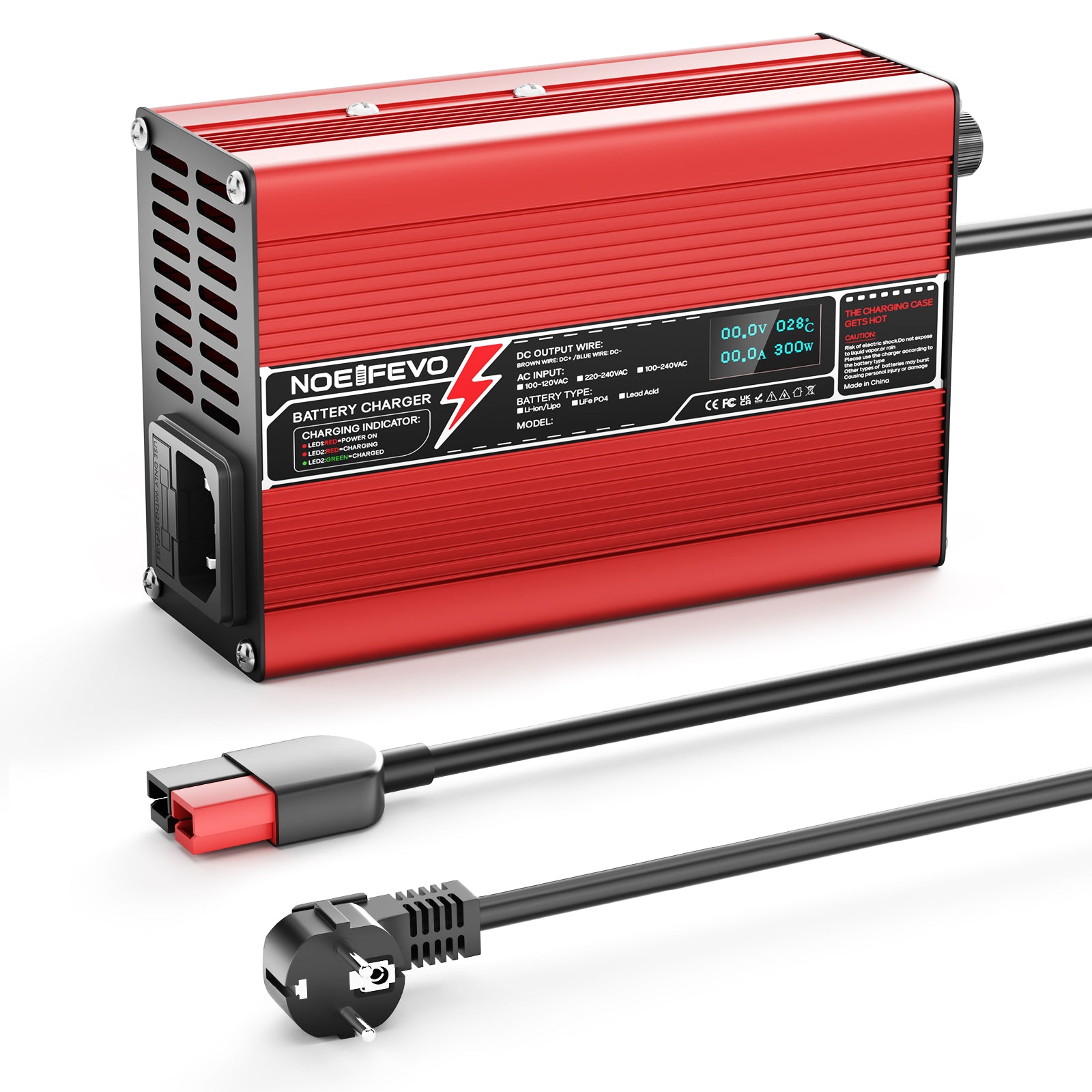 NOEIFEVO 12,6V 5A 6A 7A 8A 10A Lithium-Ladegerät für 3S 11,1V Li-Ion Lipo-Batterien, mit LCD-Anzeige, Kühlventilator, automatischer Abschaltung(RED)