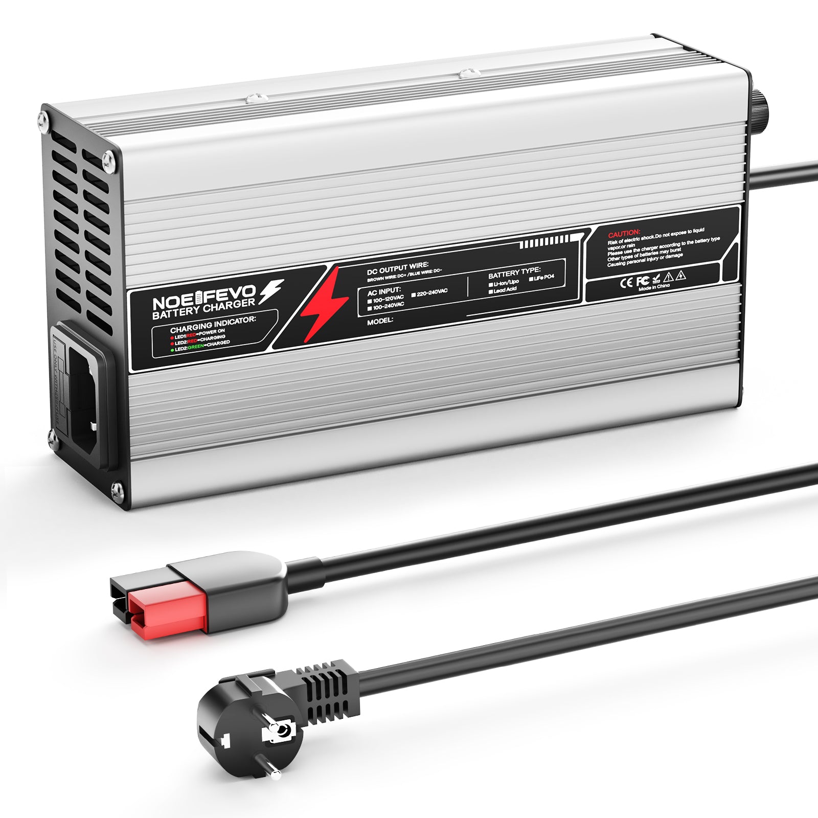 NOEIFEVO 54,75V 8A LiFePO4-Akkuladegerät  für 48V 15 S-Batterie, automatische Abschaltung, Aluminiumgehäuse, mit Lüfter (Silber)