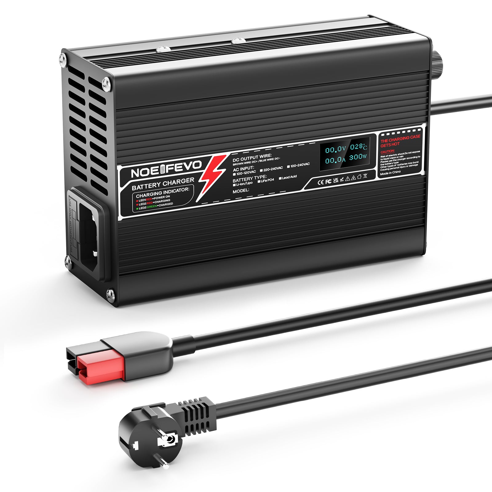 NOEIFEVO 37.8V 2A 3A 3.5A 4A carregador de lítio para baterias Li-Ion Lipo 9S 33.3V, ventilador de resfriamento, desligamento automático (PRETO).