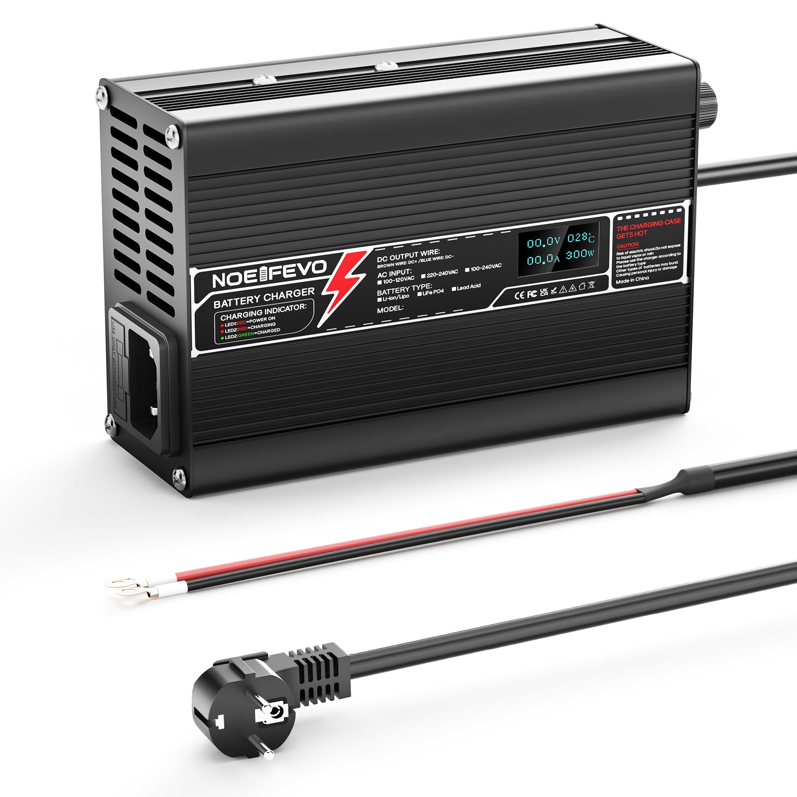 מטען ליתיום NOEIFEVO 42V 4A עבור סוללות 10S 37V Li-Ion Lipo, עם תצוגת LCD, מאוורר קירור, כיבוי אוטומטי