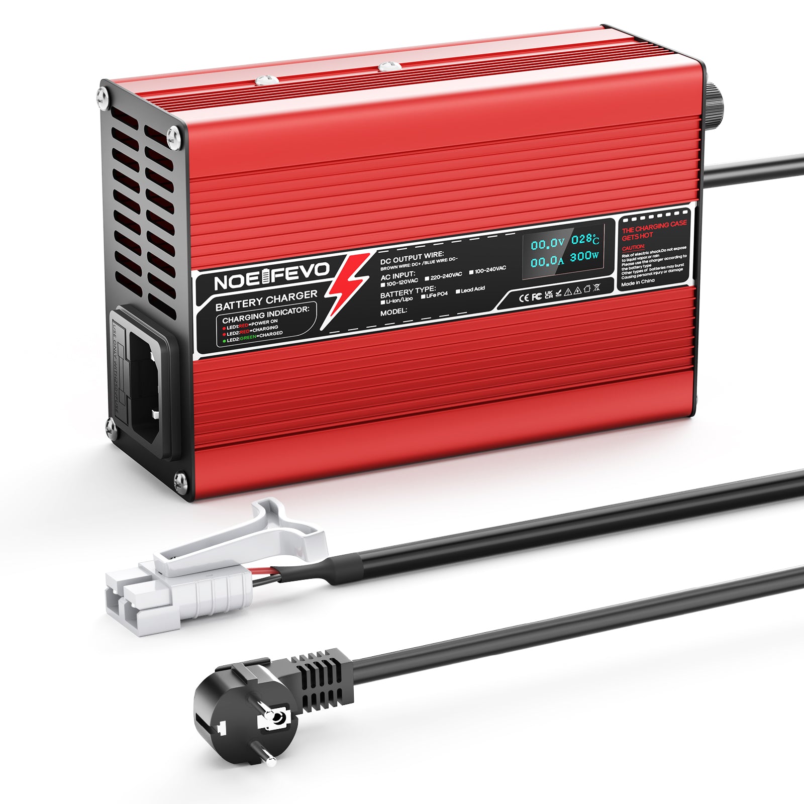 NOEIFEVO 36.5V 2A 3A 3.5A 4A LiFePO4 Batterie-Ladegerät für 10S 32V LiFePO4 Batterie, Kühlventilator, automatischer Abschaltung（RED）