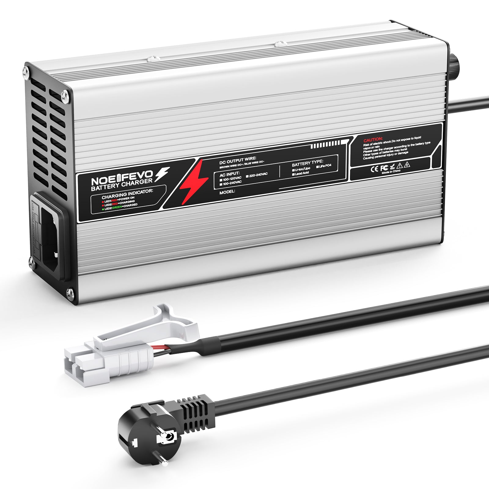 NOEIFEVO 58,8V 8A Lithium-Batterieladegerät für 51,8V(48V) 14S-Batterie, automatische Abschaltung, Aluminiumgehäuse, mit Lüfter (Silber)