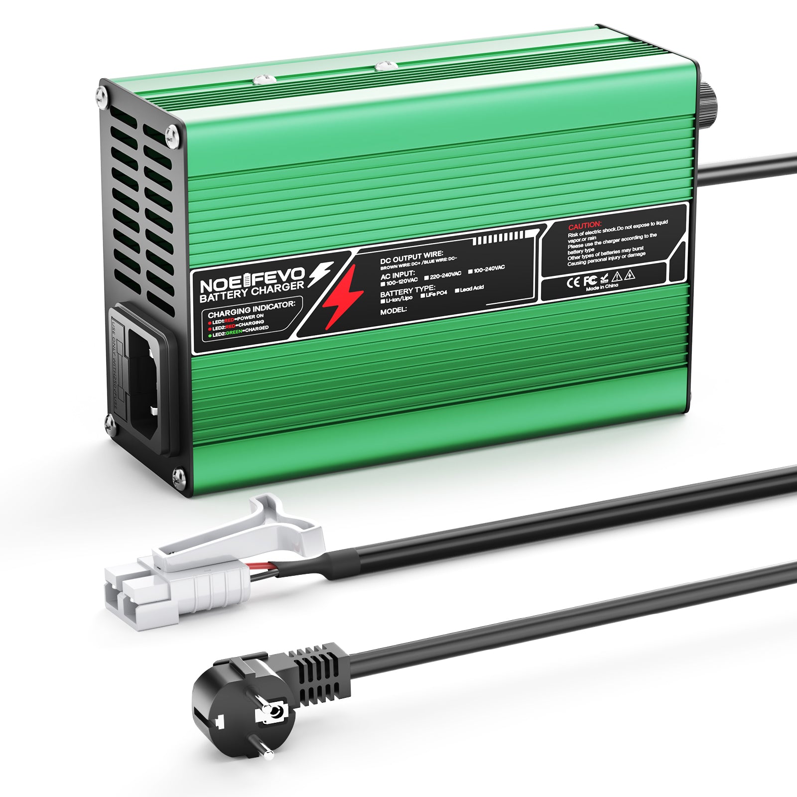 NOEIFEVO 42V 4A מטען ליתיום עבור סוללות Li-Ion Lipo 10S 37V, מאוורר קירור, כיבוי אוטומטי (ירוק).
