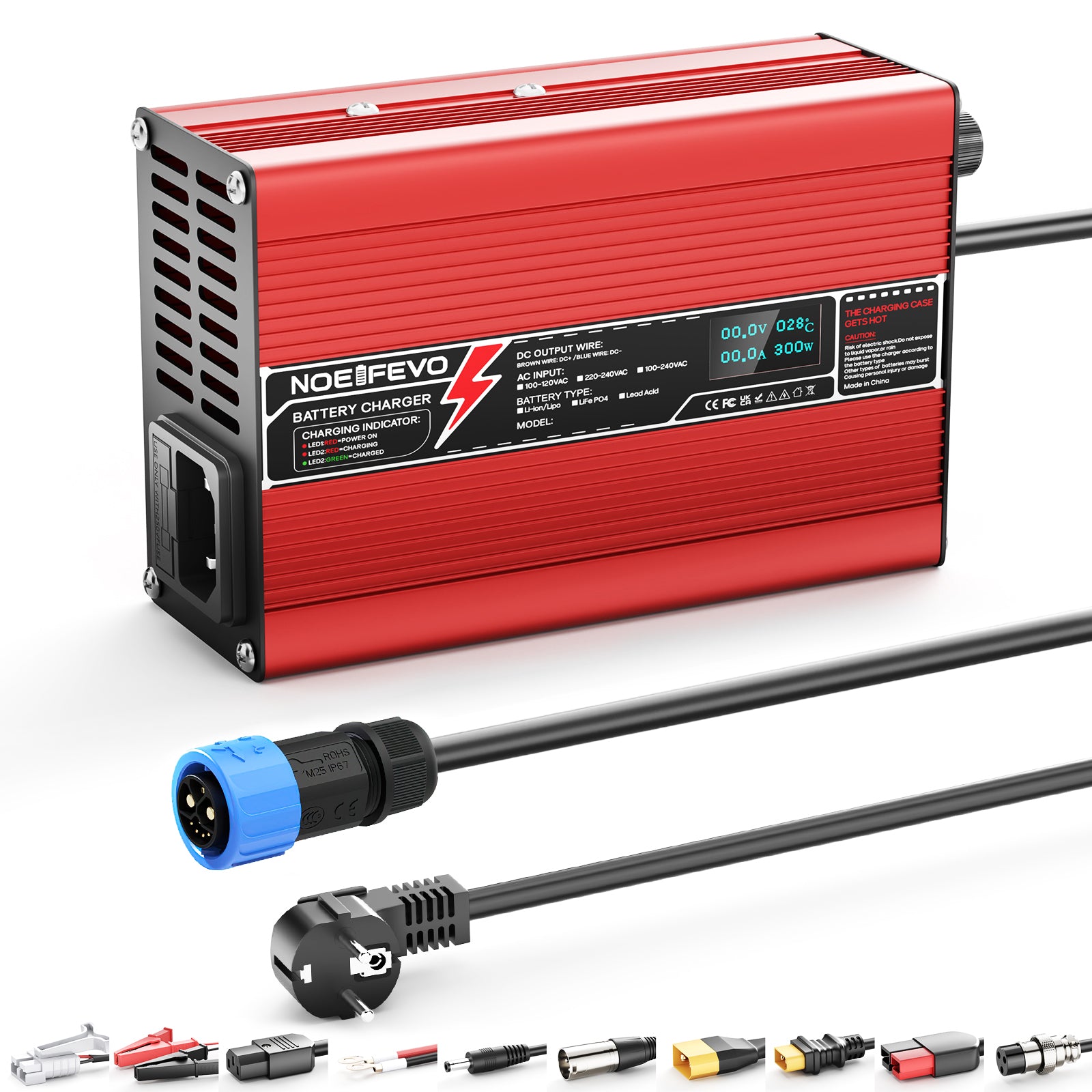 NOEIFEVO 41.4V-44.1V 2A 3A 3.5A 4A  Blei-Säure-Batterieladegerät für 36V Blei-Säure Batterie, Kühlventilator, automatischer Abschaltung(RED)