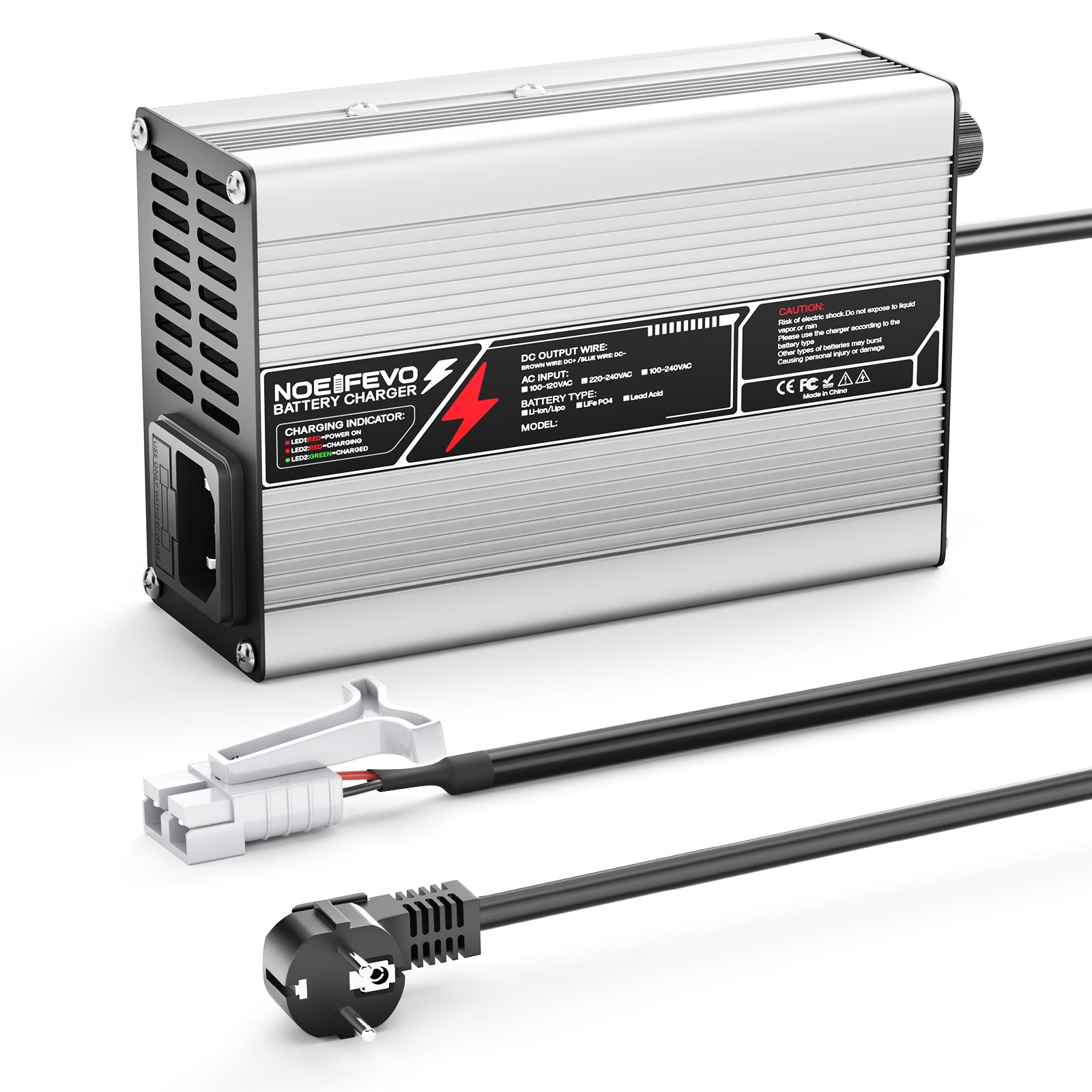 NOEIFEVO 50.4V 3A litiumladdare för 12S 44.4V Li-Ion Lipo-batterier, kylfläkt, automatisk avstängning