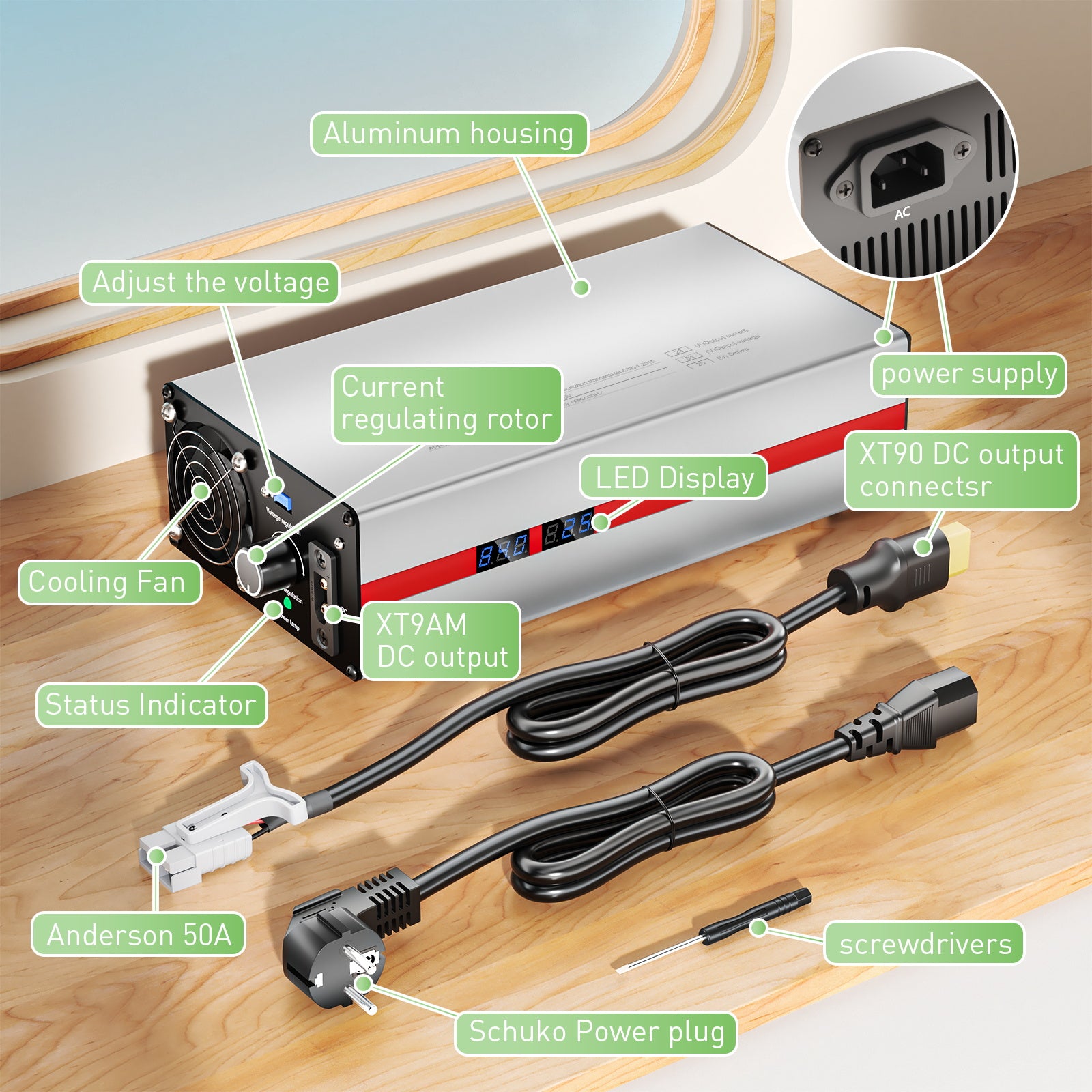 NOEIFEVO 1-25A ström 12V-84V spänningsjusterbar universell litiumladdare för 11,1V 12V 24V 36V 48V 60V 72V Li-ion /Lithium /LiFePO4 batteri