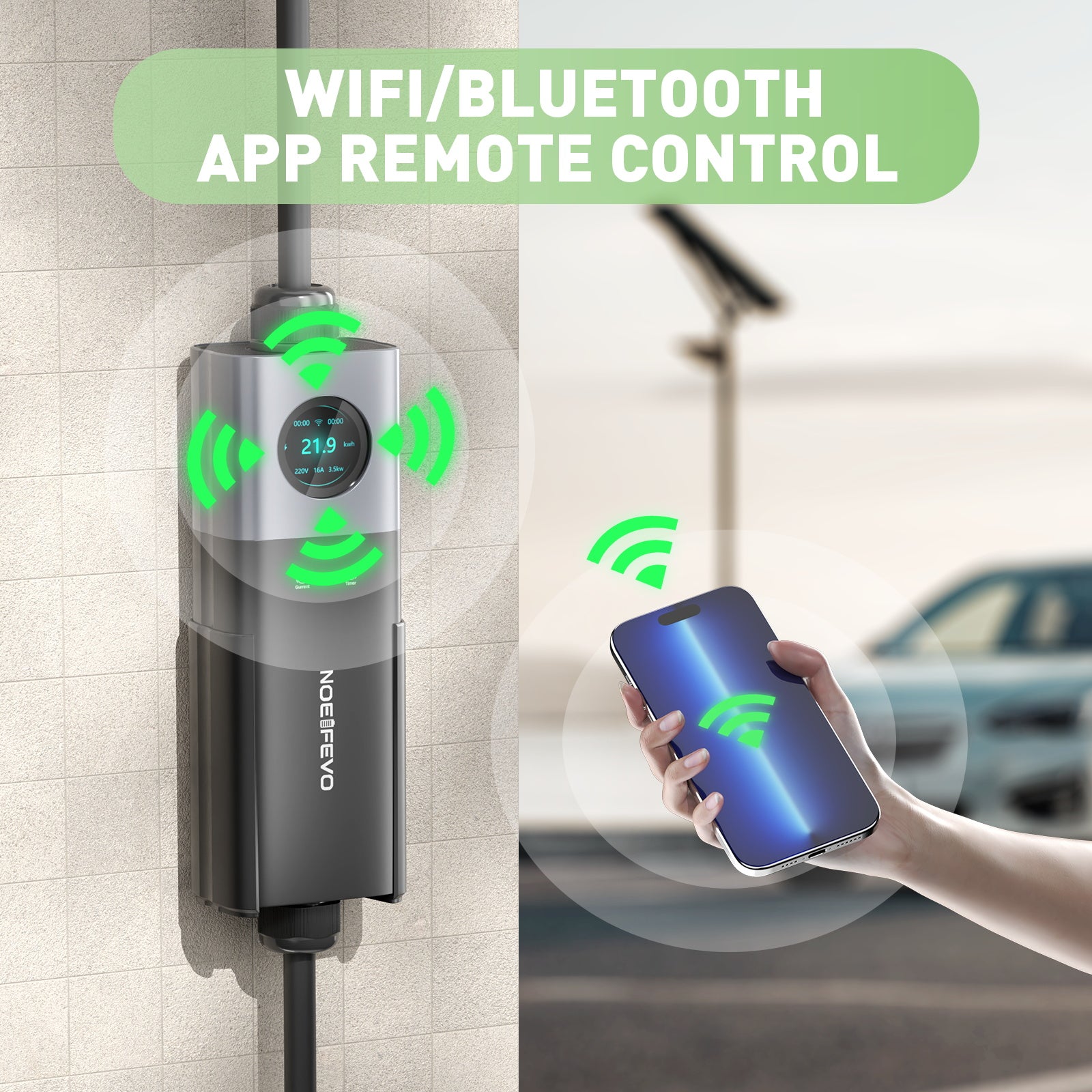 NOEIFEVO 22KW Wallbox Móvil con WiFi y control remoto por APP, cable de carga de 5m/10m Tipo 2 CEE32A trifásico para coches eléctricos