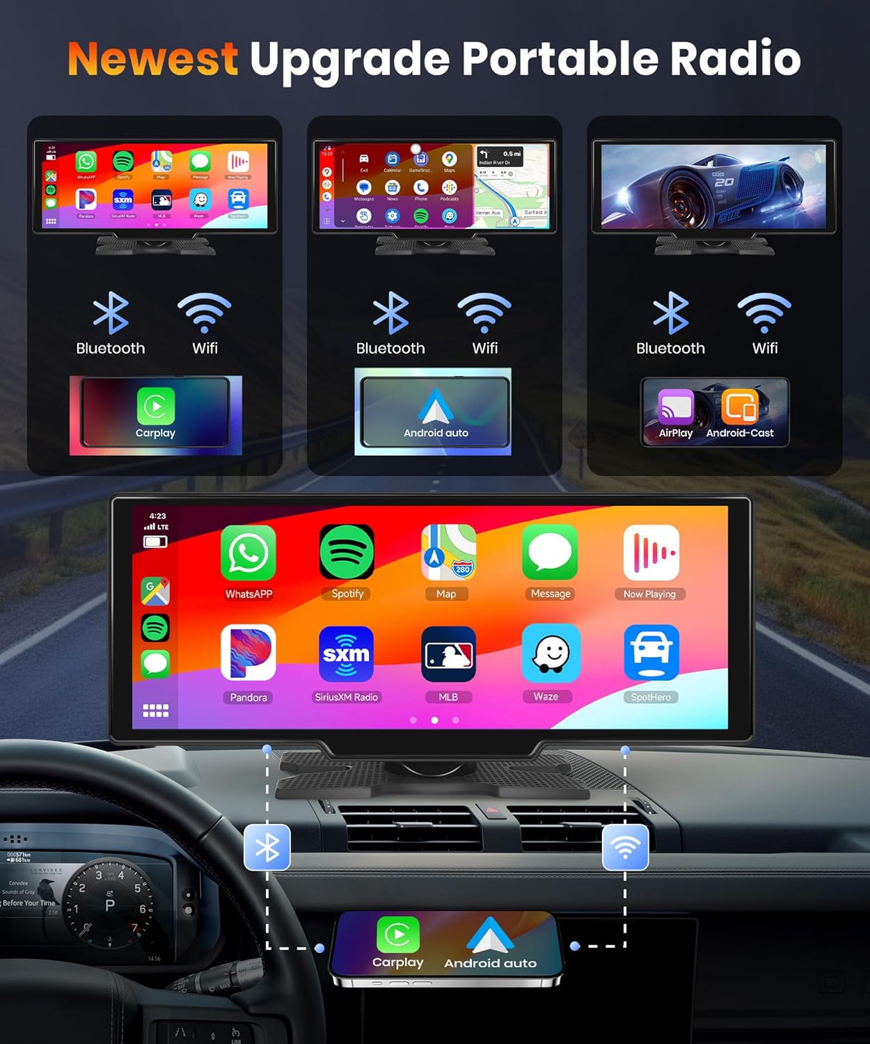 NOEIFEVO מסך 10.26 אינץ' Carplay לרכב עם Carplay אלחוטי, Android Auto, MirrorLink, מסך מגע IPS 1080P, רדיו נייד, תומך ב-Bluetooth/שליטה קולית חופשית/GPS/Siri/שידור FM/Aux/כרטיס TF.