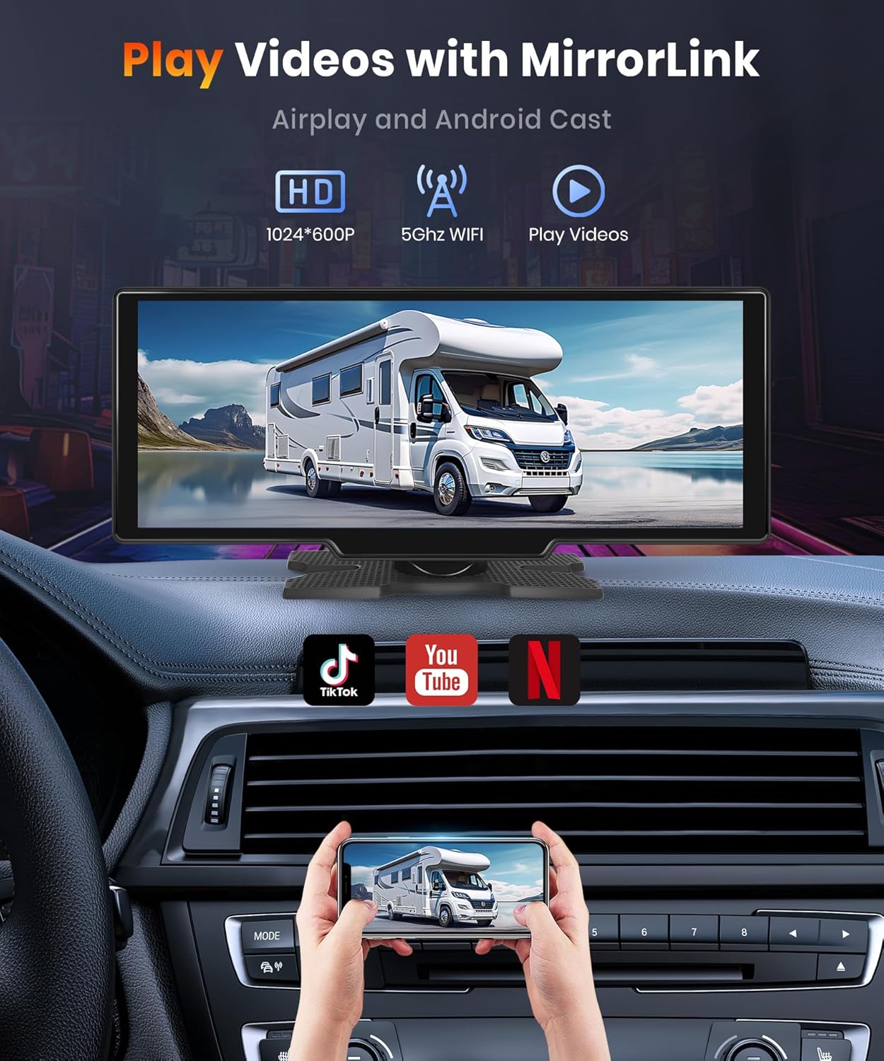 NOEIFEVO 10,26 palcový Carplay displej pro automobily s bezdrátovým Carplay, Android Auto, MirrorLink, 1080P IPS dotykový displej, přenosné rádio, podporuje Bluetooth/hands-free hlasové ovládání/GPS/Siri/FM přenos/Aux/TF kartu.