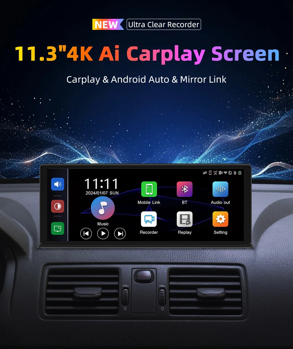 NOEIFEVO 11,3 palcový aktualizovaný bezdrôtový Carplay displej pre autá s 4K palubnou kamerou a 1080p cúvacou kamerou, podpora Apple Carplay a Android Auto autorádia, GPS navigácia/Spiegel Link/Hlasové ovládanie/FM/Bluetooth.