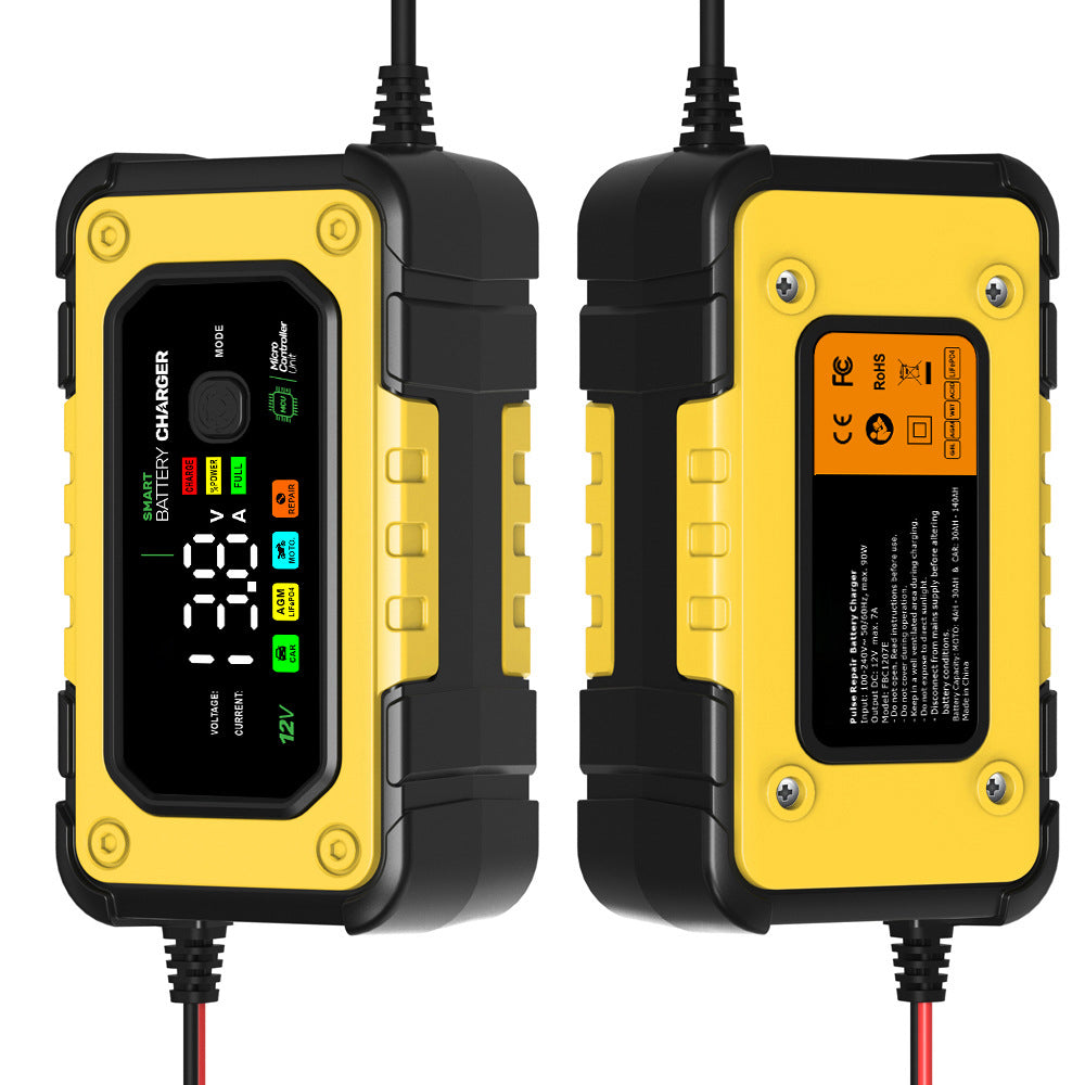 7A Autobatteriladdare, 12V Smart helautomatiserad bilbatteriladdare med LCD-skärm, lämplig för bil, motorcykel, gräsklippare, båt och marinbatterier