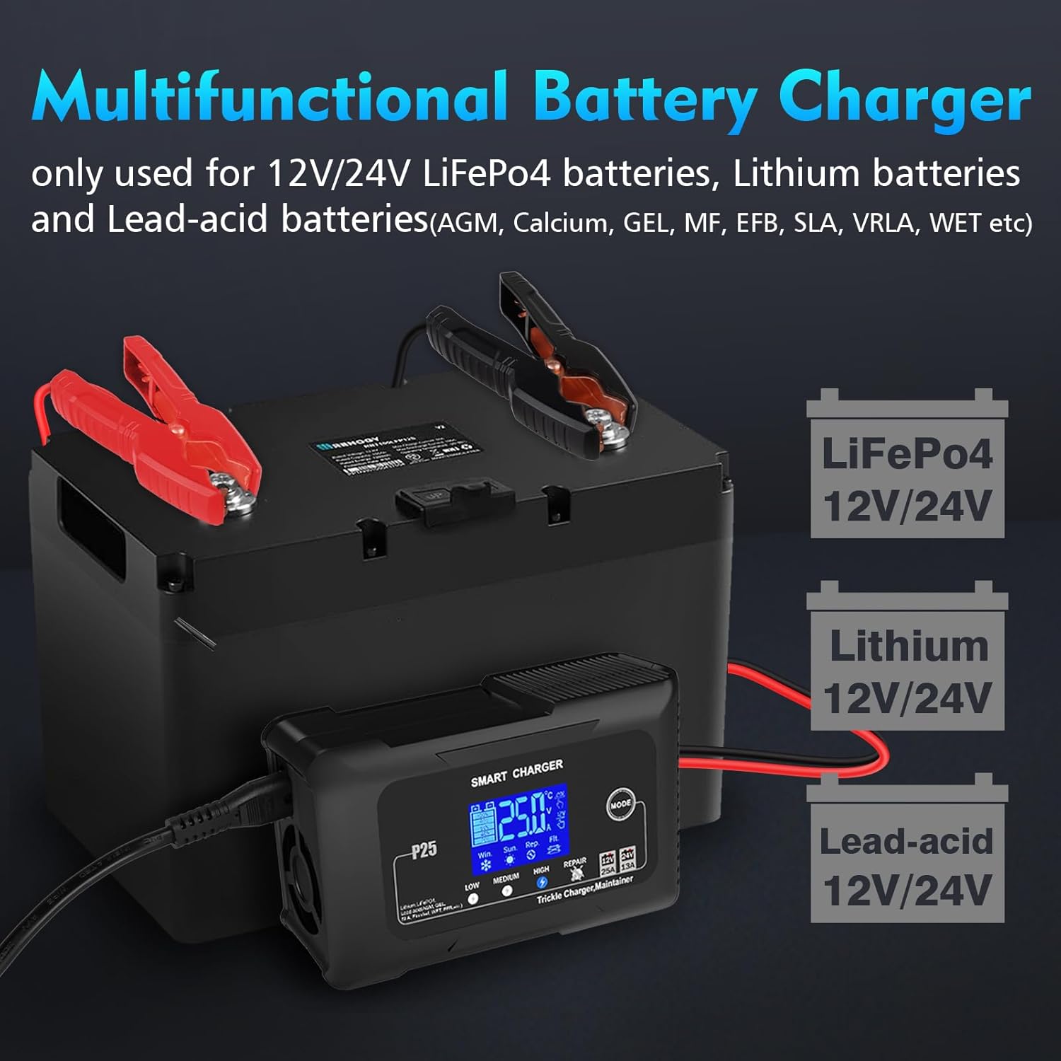 NOEIFEVO 25A Autobatterieladegerät, 12V 25A/24V 13A Erhaltungsladegerät für Auto, Motorrad, Rasenmäher, Boot, Lithium, LiFePO4 und Blei-Säure (AGM, GEL, MF, EFB, SLA, VRLA)