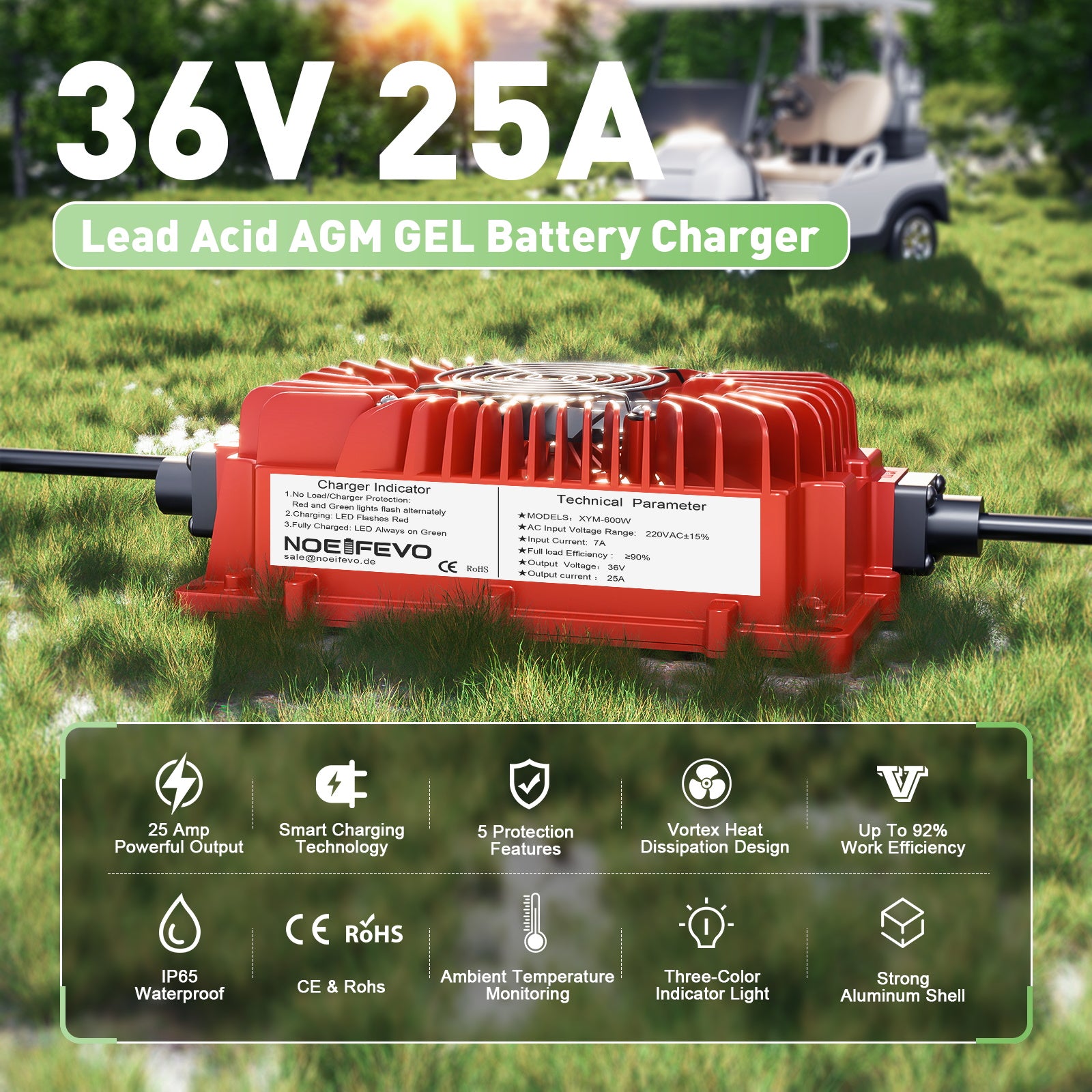 NOEIFEVO 36V 20A Batterieladegerät für Blei-Säure-Batterien, AGM, Gel, Golfwagen-Batterieladegerät