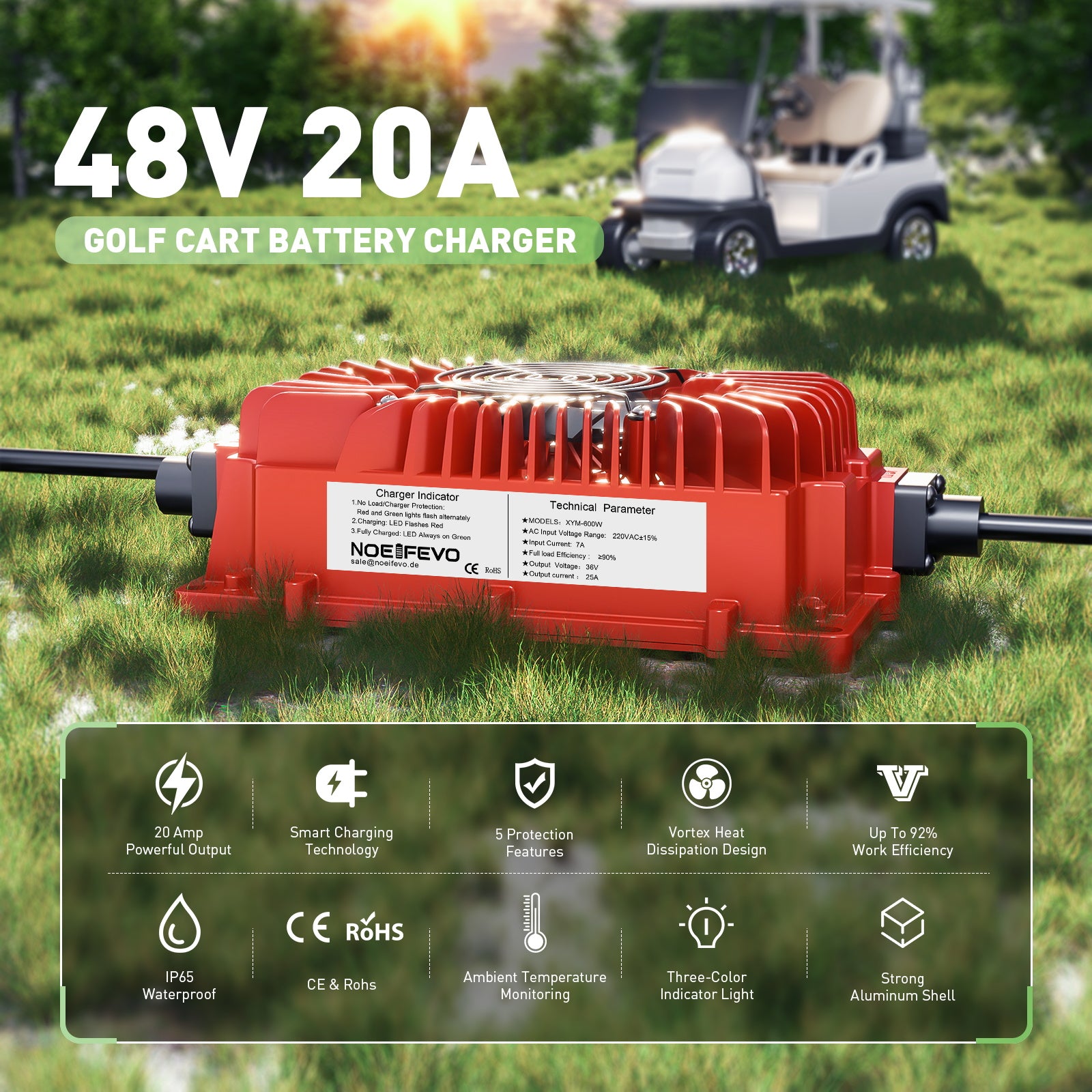 NOEIFEVO 48V 20A Golfwagen-Batterieladegerät mit EZGO RXV & TXT-Stecker für Blei-Säure-Batterien, AGM, Gel
